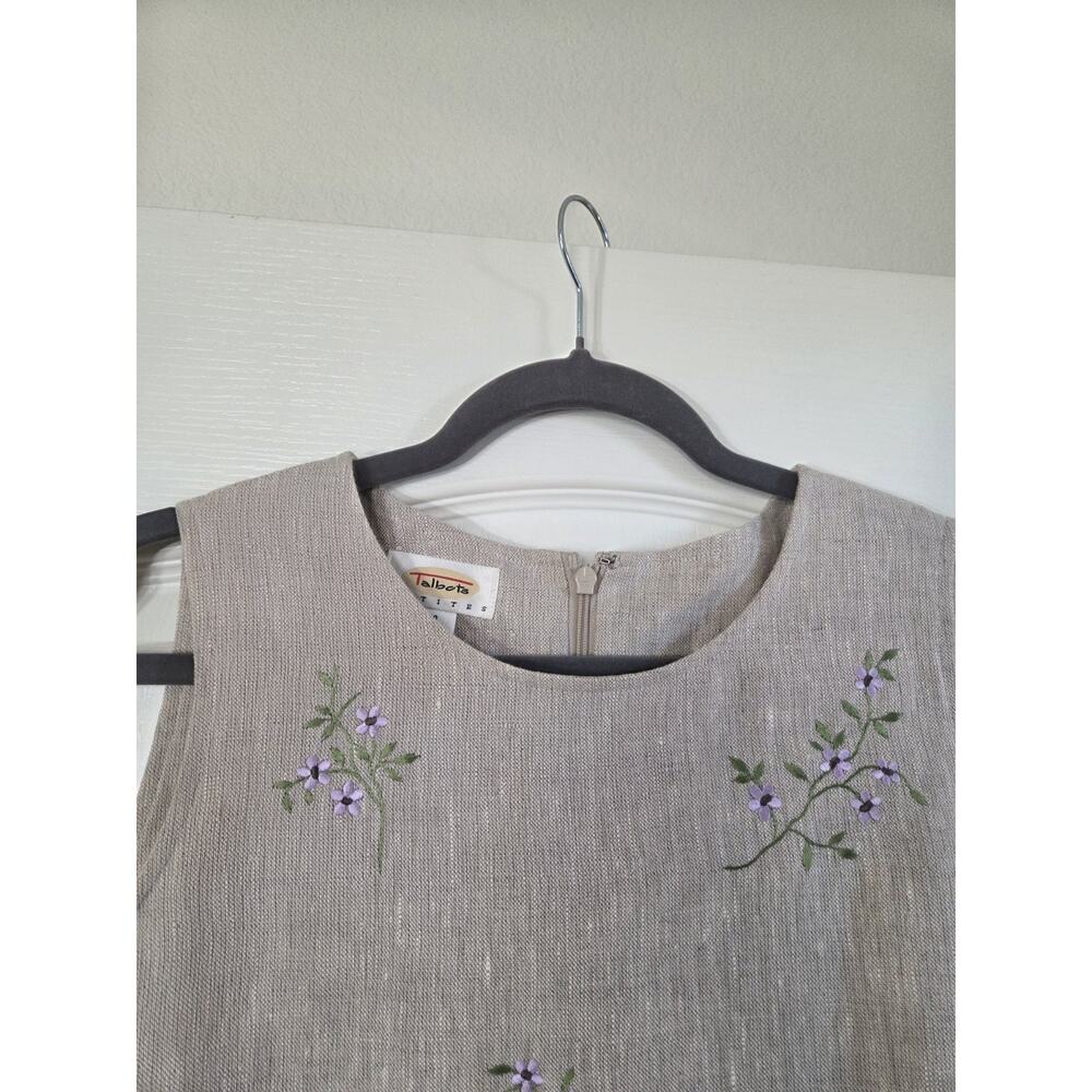 Talbots Classic 100% Linen Khaki Embroidered Floral Modest Mini Dress, Size 12P - Picture 4 of 15